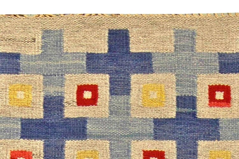 Midcentury Swedish Blue, Red, Yellow and Beige Flat-Woven Wool Rug In Good Condition For Sale In New York, NY