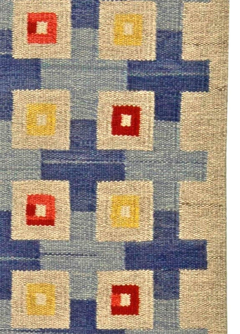 20th Century Midcentury Swedish Blue, Red, Yellow and Beige Flat-Woven Wool Rug For Sale
