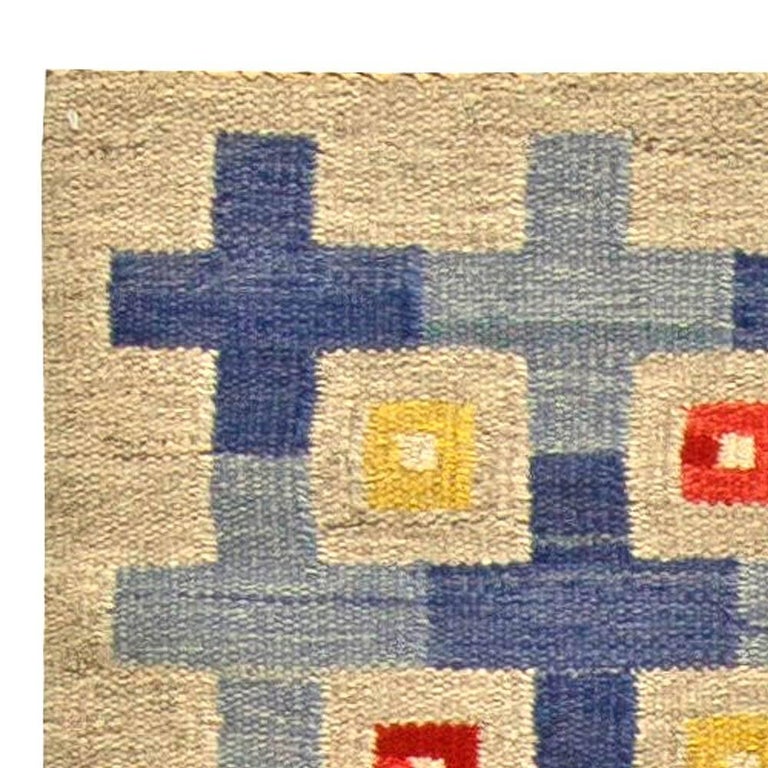 Midcentury Swedish Blue, Red, Yellow and Beige Flat-Woven Wool Rug For Sale 1