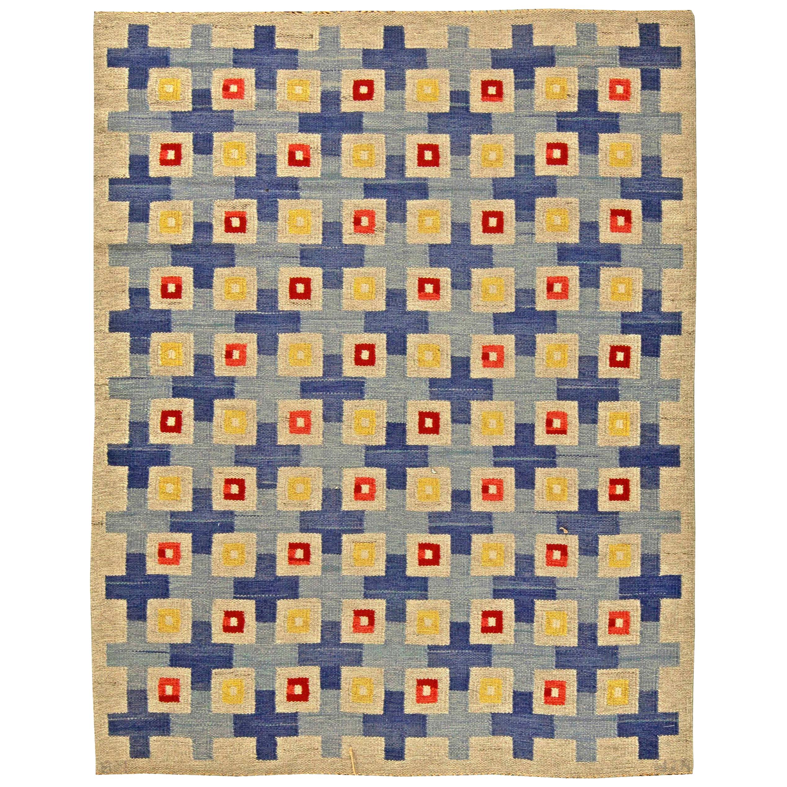 Midcentury Swedish Blue, Red, Yellow and Beige Flat-Woven Wool Rug