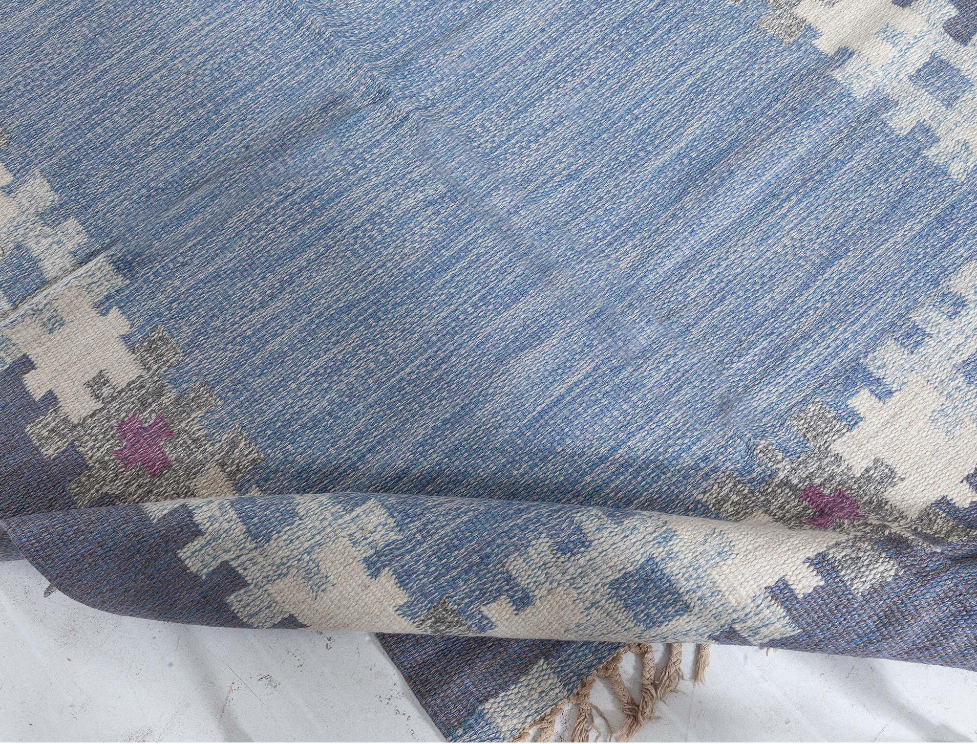 Hand-Woven Midcentury Swedish Blue Rug by Ingegerd Silow Woven I.S For Sale