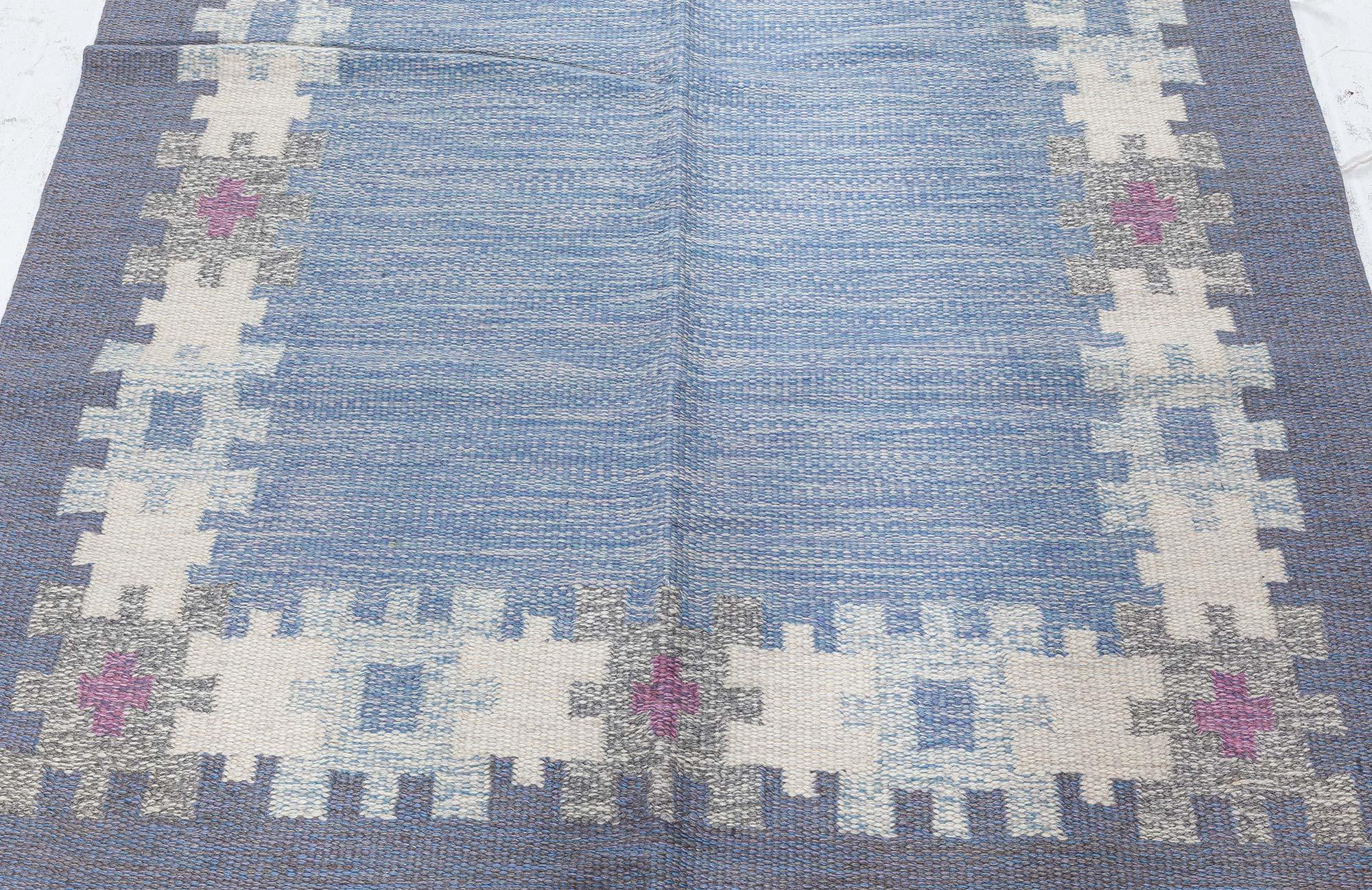Wool Midcentury Swedish Blue Rug by Ingegerd Silow Woven I.S For Sale