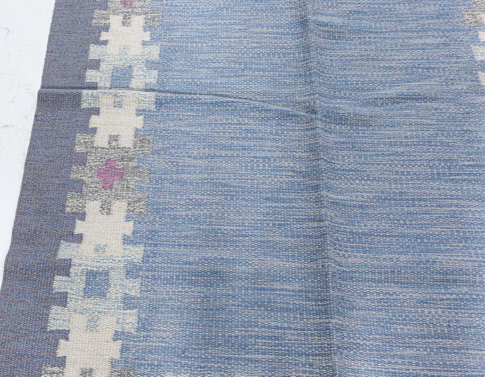 Midcentury Swedish Blue Rug by Ingegerd Silow Woven I.S For Sale 2