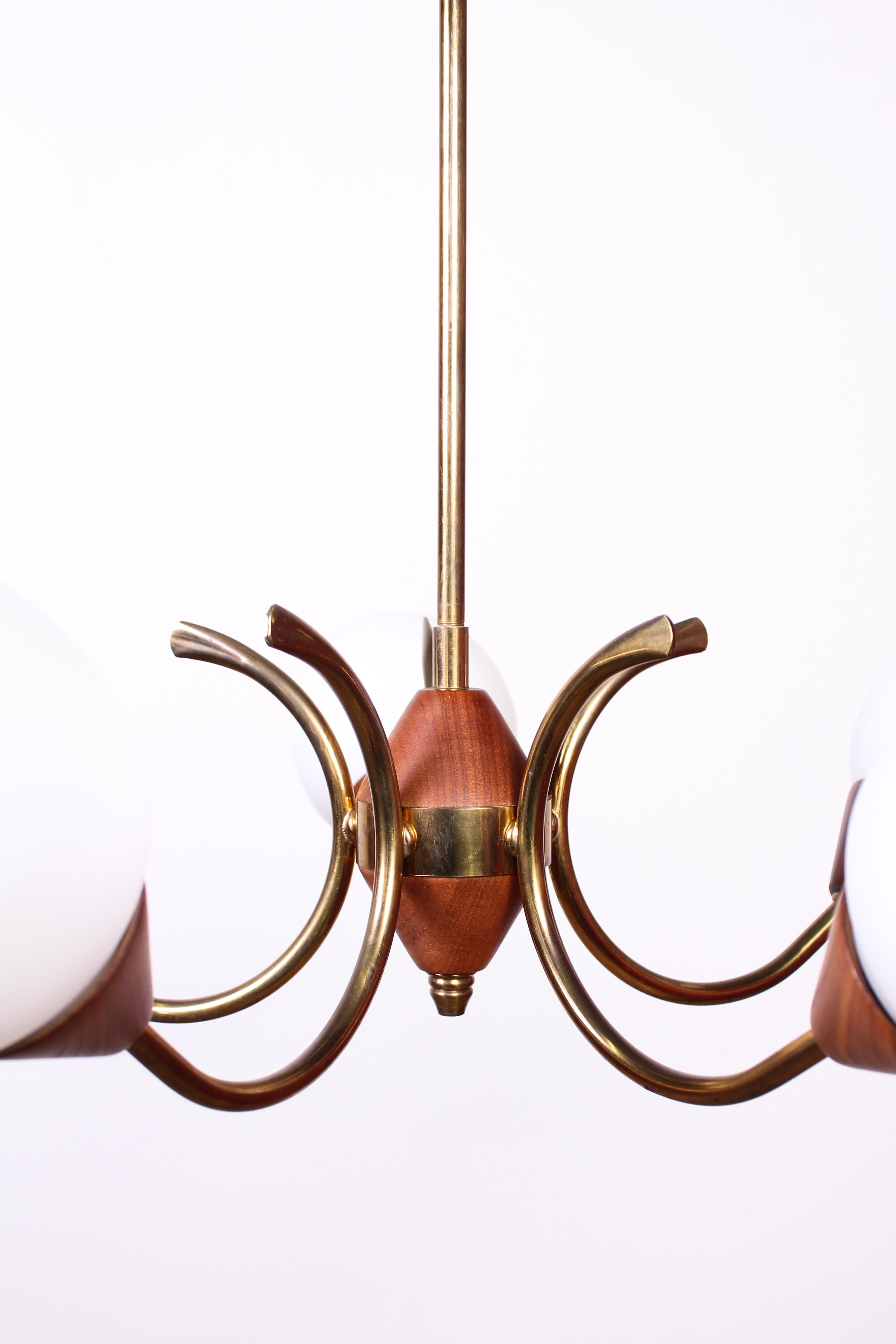 Scandinavian Modern Midcentury Swedish Brass and Glass Ceiling Lamp with Teak Details