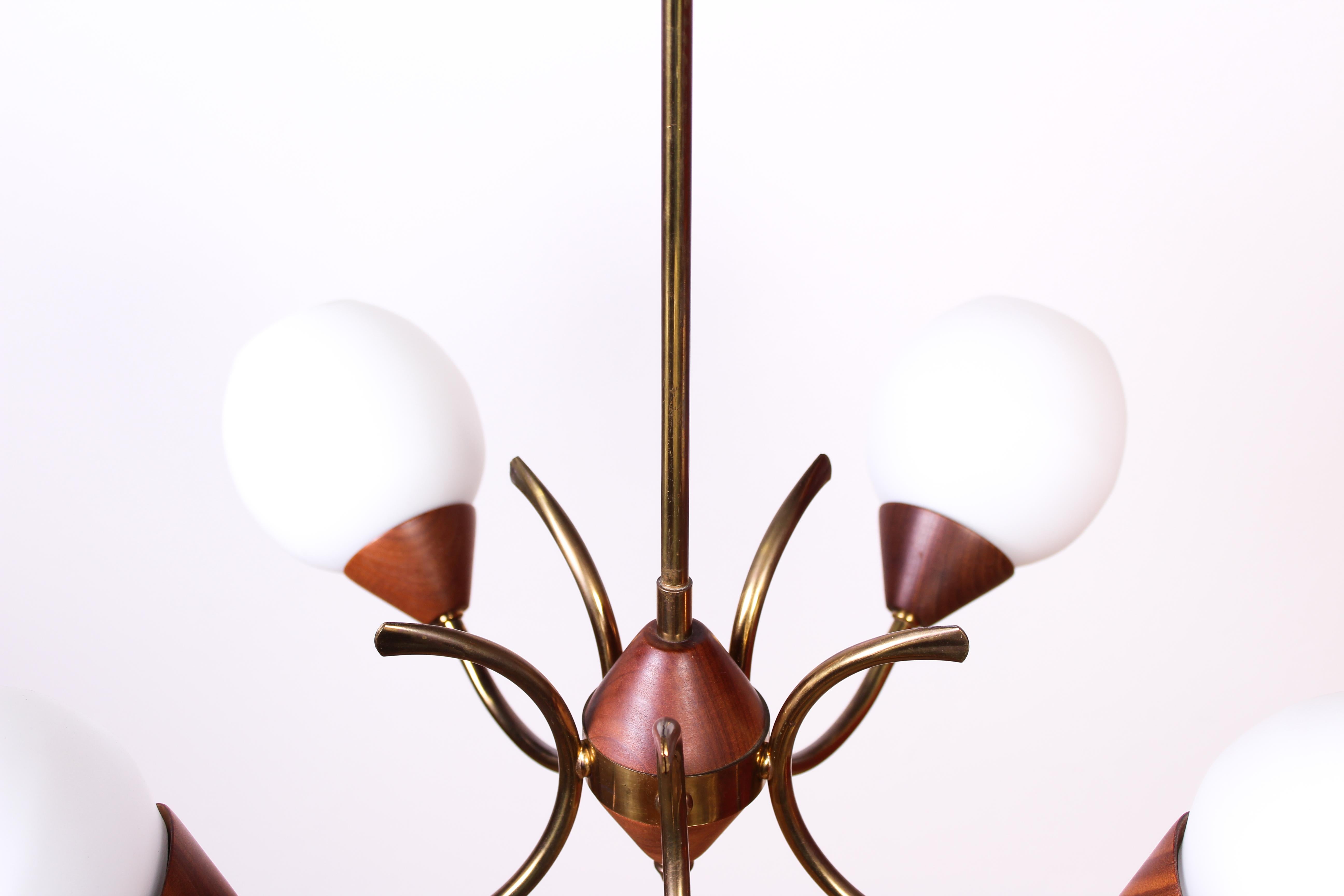Midcentury Swedish Brass and Glass Ceiling Lamp with Teak Details In Good Condition In Malmo, SE