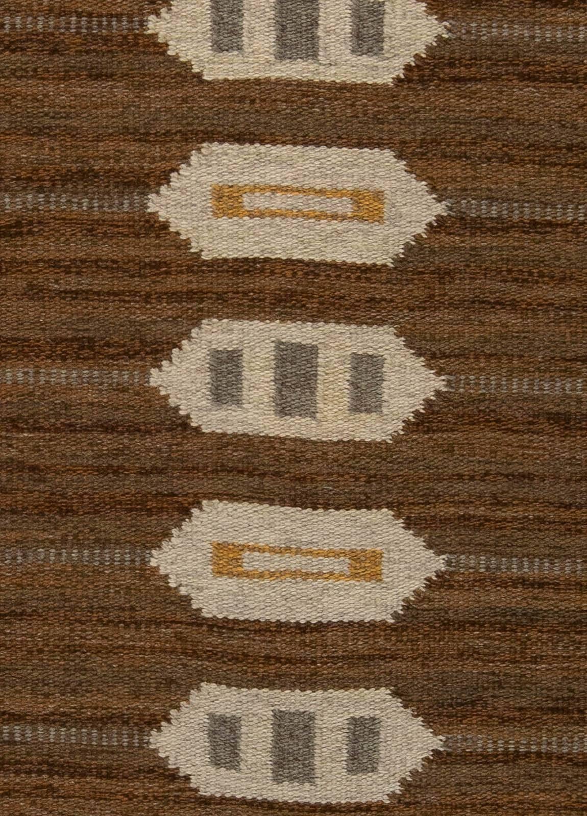 Mid-20th Century Swedish brown, gray, beige flat-woven wool rug
Size: 6'4