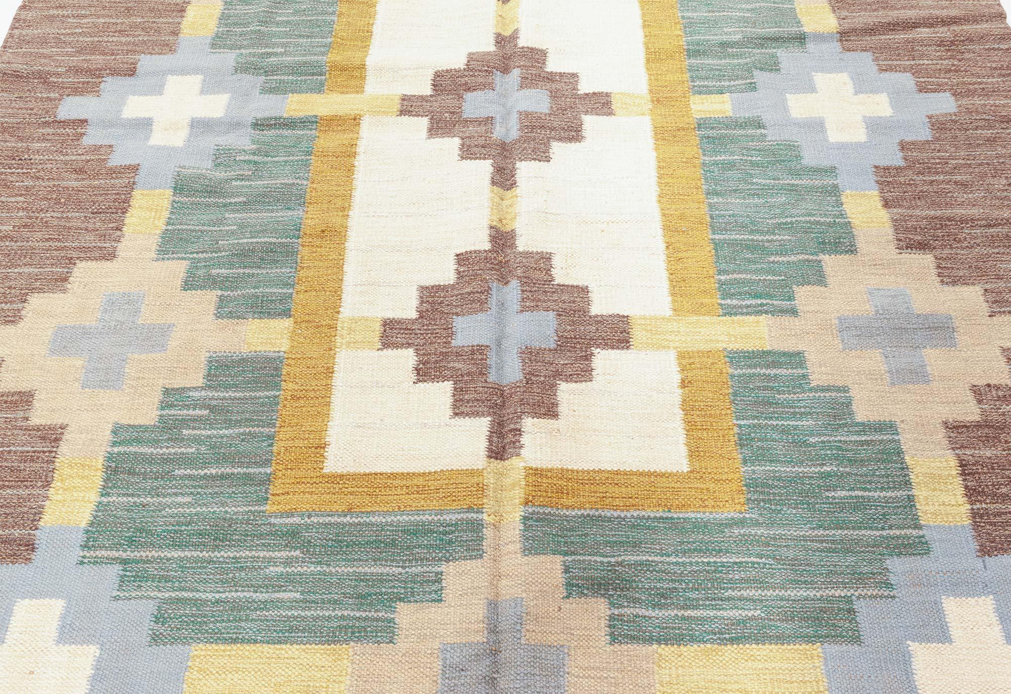 Hand-Knotted Midcentury Swedish Brown Green Flat-Weave Rug