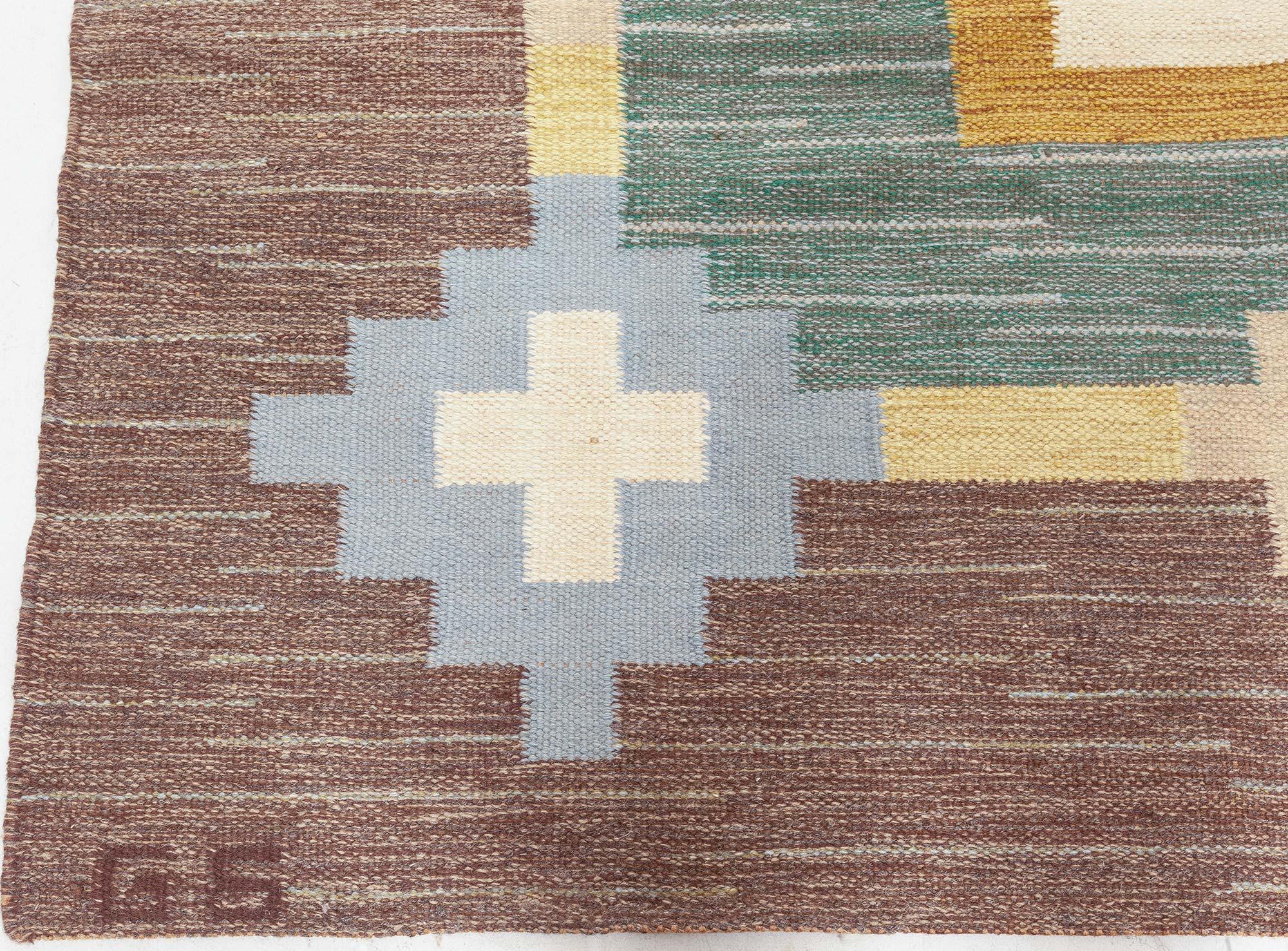 20th Century Midcentury Swedish Brown Green Flat-Weave Rug