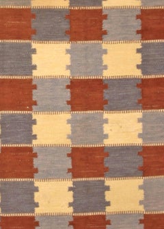 Midcentury Swedish Checkerboard Design Flat-Weave Rug in Gray, Blue and Red