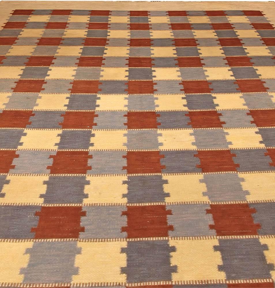 Mid-Century Modern Midcentury Swedish Checkerboard Design Flat-Weave Rug in Gray, Blue and Red