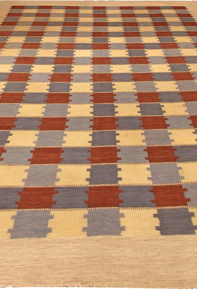 Hand-Knotted Midcentury Swedish Checkerboard Design Flat-Weave Rug in Gray, Blue and Red