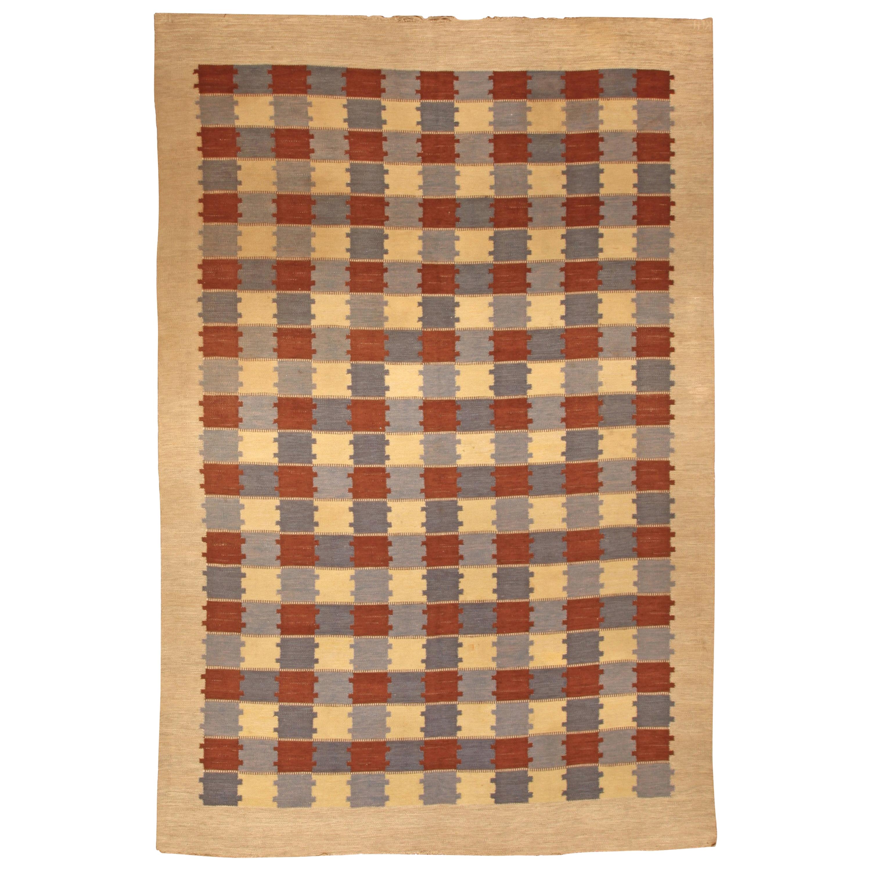 Midcentury Swedish Checkerboard Design Flat-Weave Rug in Gray, Blue and Red