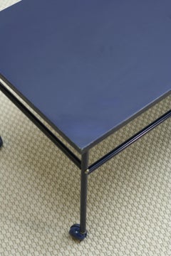 Midcentury Swedish Enameled Blue Metal Coffee Table on Wheels, 1960s