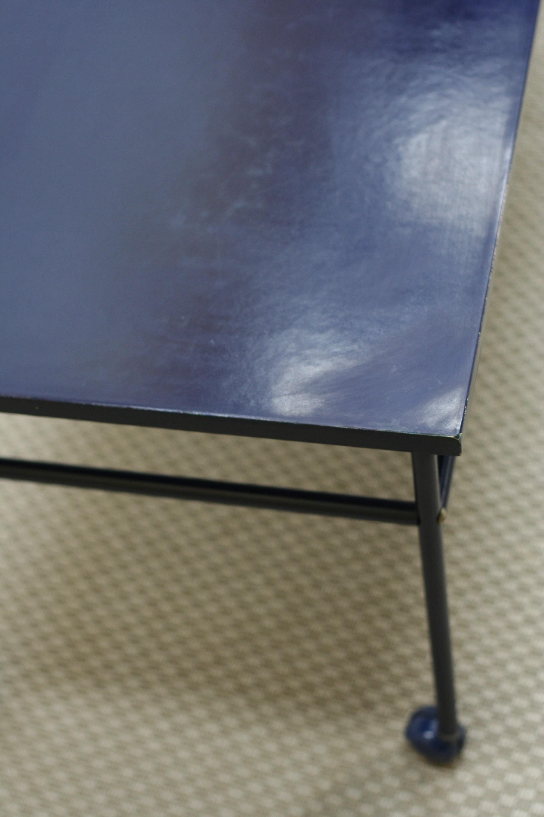 Industrial Midcentury Swedish Enameled Blue Metal Coffee Table on Wheels, 1960s For Sale