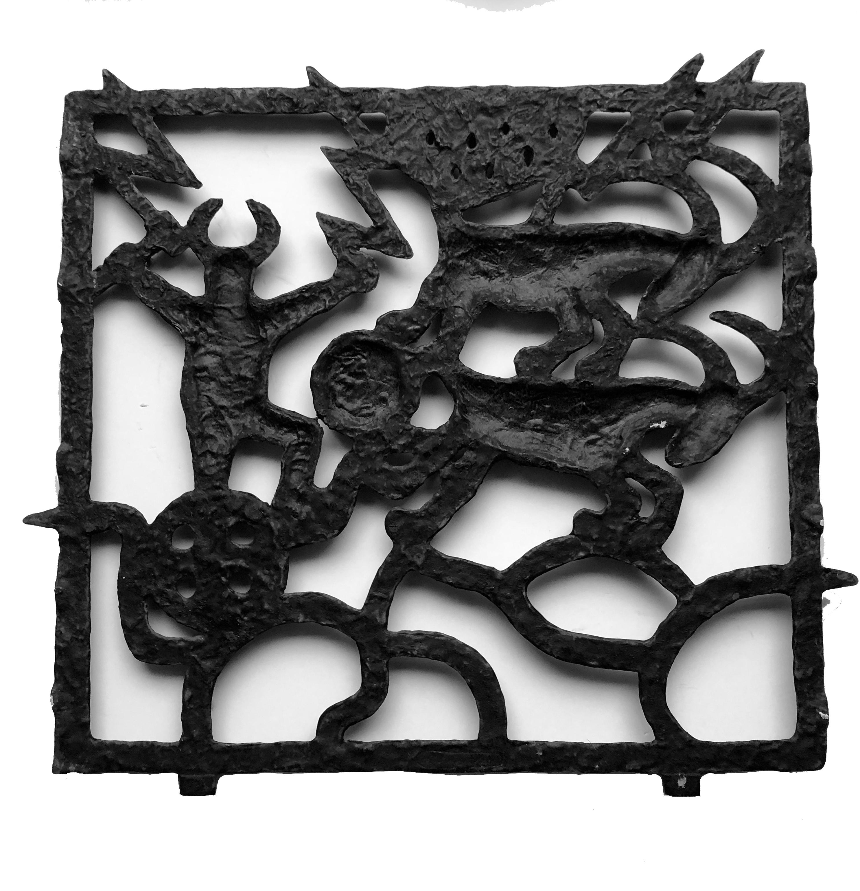 Midcentury Swedish fireplace screen by Olle Hermansson for Husqvarna. 
Note. This screen is wall-mounted, unlike the freestanding ones. A cast iron fireplace with a theme from the nordic mythology. We can see Thor (Tor) and his running goats and the