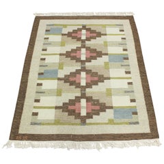 Midcentury Swedish Flat-Weave Carpet with Geometrical Patterns Signed GS, 1950s