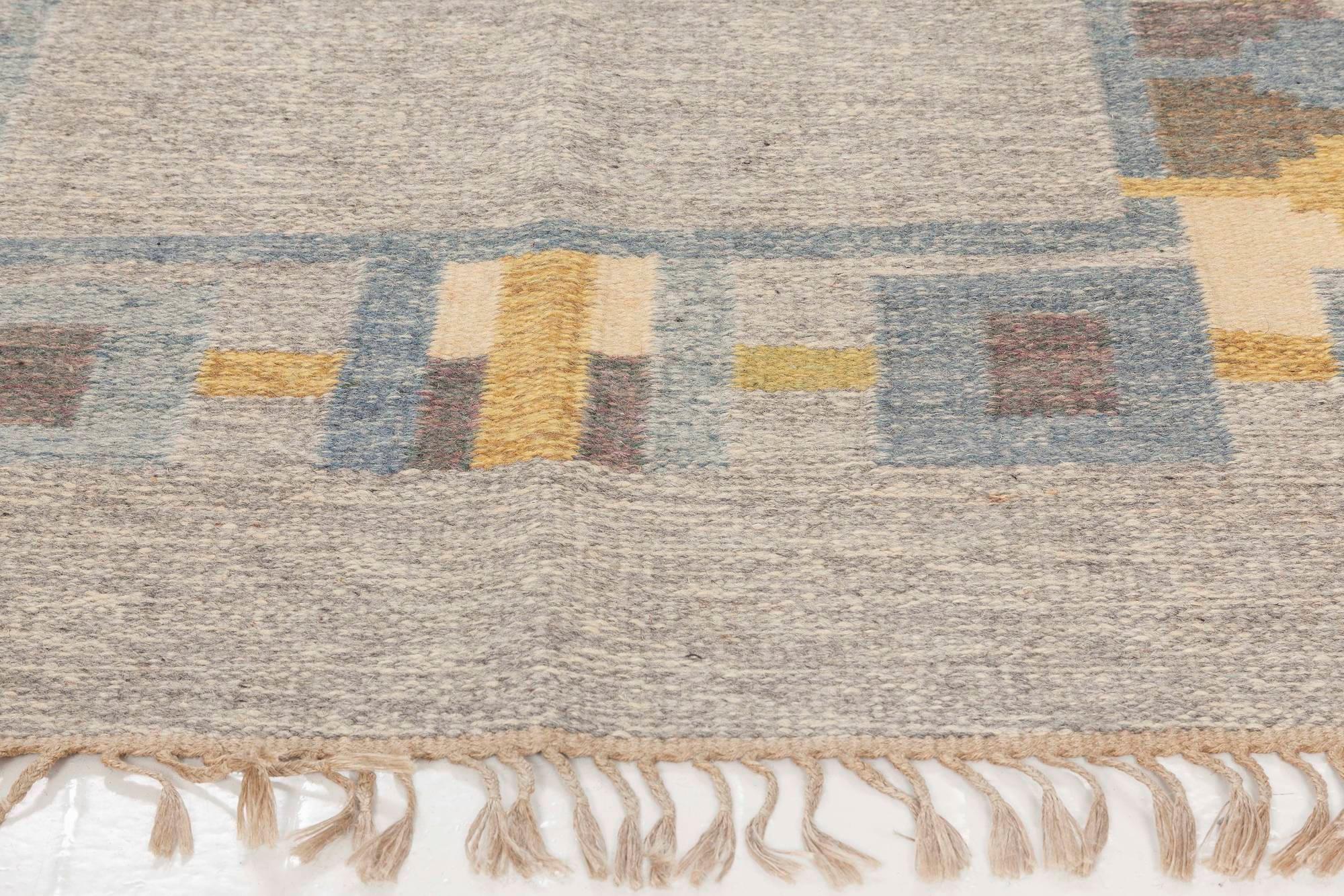 Hand-Knotted Midcentury Swedish Flat-Weave Rug Signed 'JR' For Sale