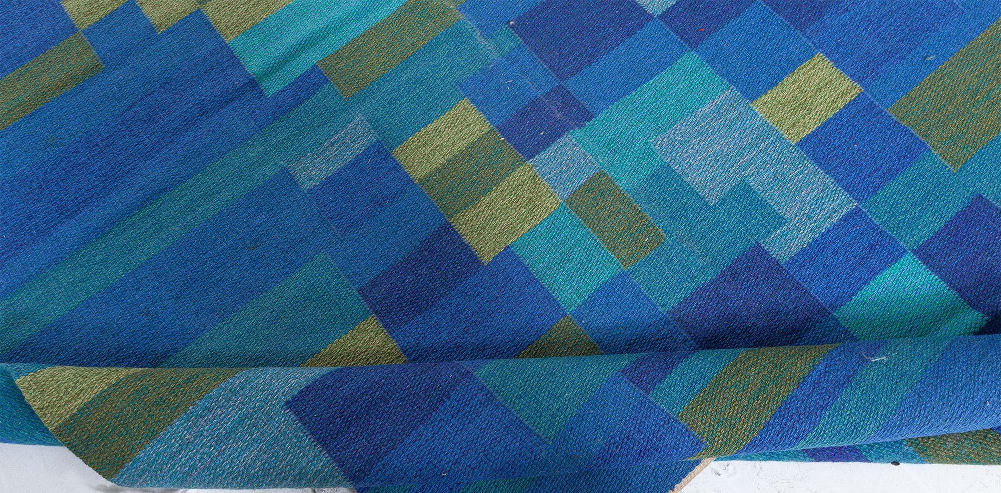 Mid-20th century Swedish Geometric green, blue flat-weave wool rug Signed AB
Size: 5'8