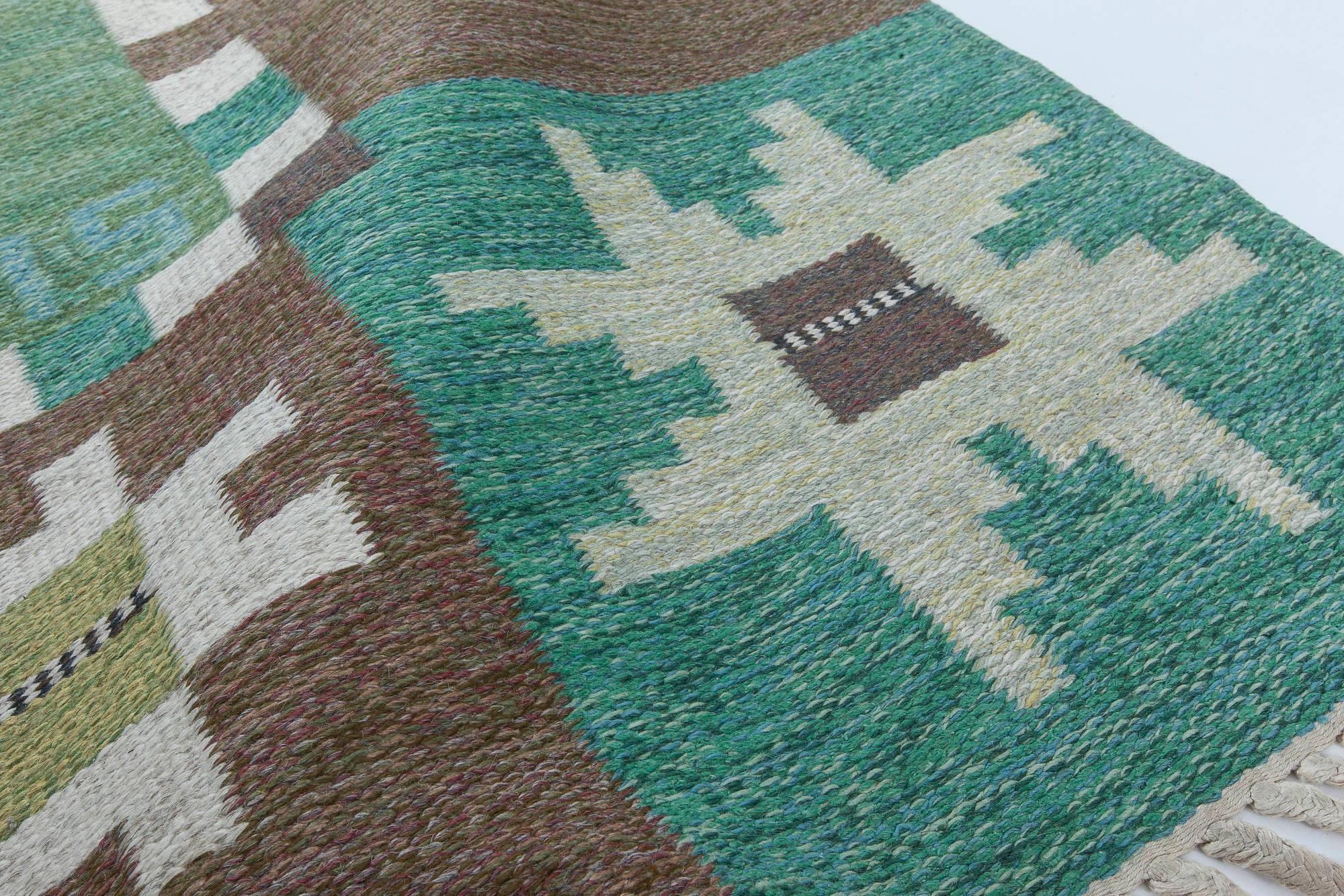 Hand-Knotted Mid-20th century Swedish Garden Design Green, Brown, Ivory Rug by Ingegerd Silow