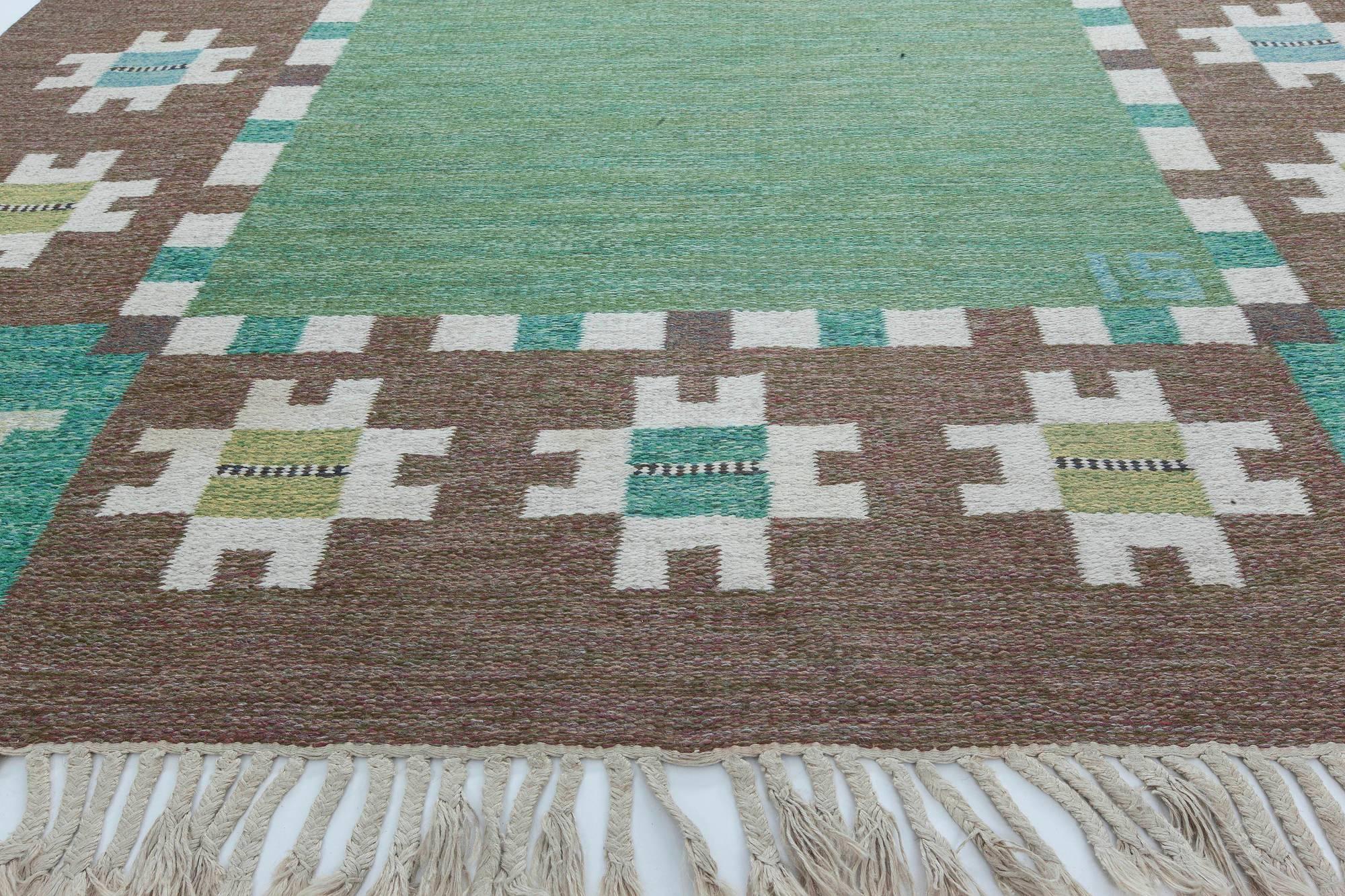 Mid-20th century Swedish Garden Design Green, Brown, Ivory Rug by Ingegerd Silow In Good Condition In New York, NY