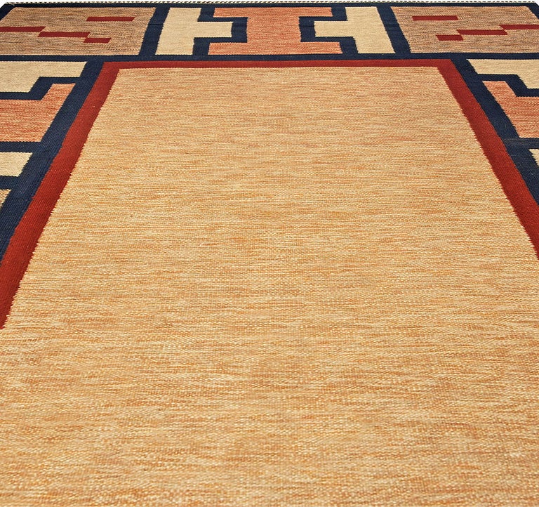 Mid-Century Modern Midcentury Swedish Geometric Beige, Blue, Brown and Red Flat-Woven Wool Rug For Sale