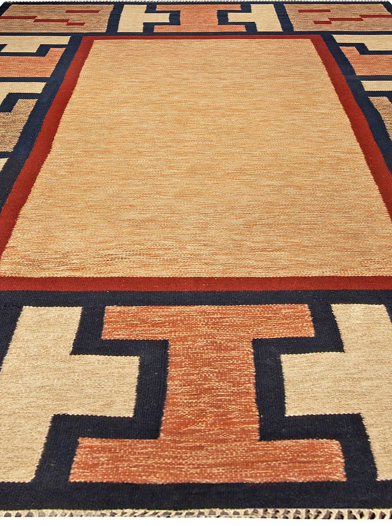 Hand-Woven Midcentury Swedish Geometric Beige, Blue, Brown and Red Flat-Woven Wool Rug For Sale