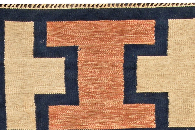 Midcentury Swedish Geometric Beige, Blue, Brown and Red Flat-Woven Wool Rug In Good Condition For Sale In New York, NY