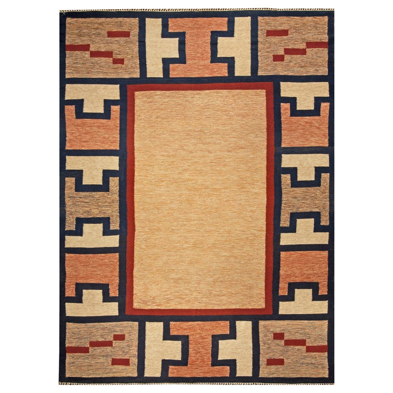 Midcentury Swedish Geometric Beige, Blue, Brown and Red Flat-Woven Wool Rug For Sale