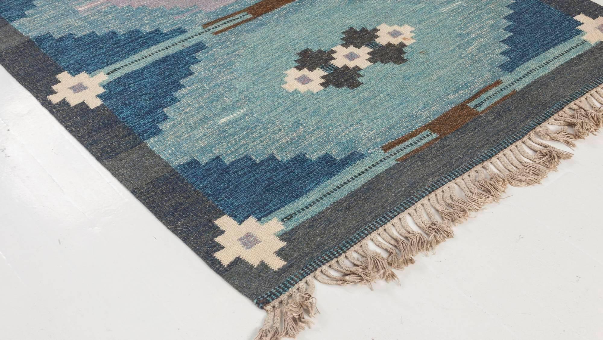 Midcentury Swedish Blue Flat-weave Rug by Ingegerd Silow at Doris Leslie Blau In Good Condition In New York, NY