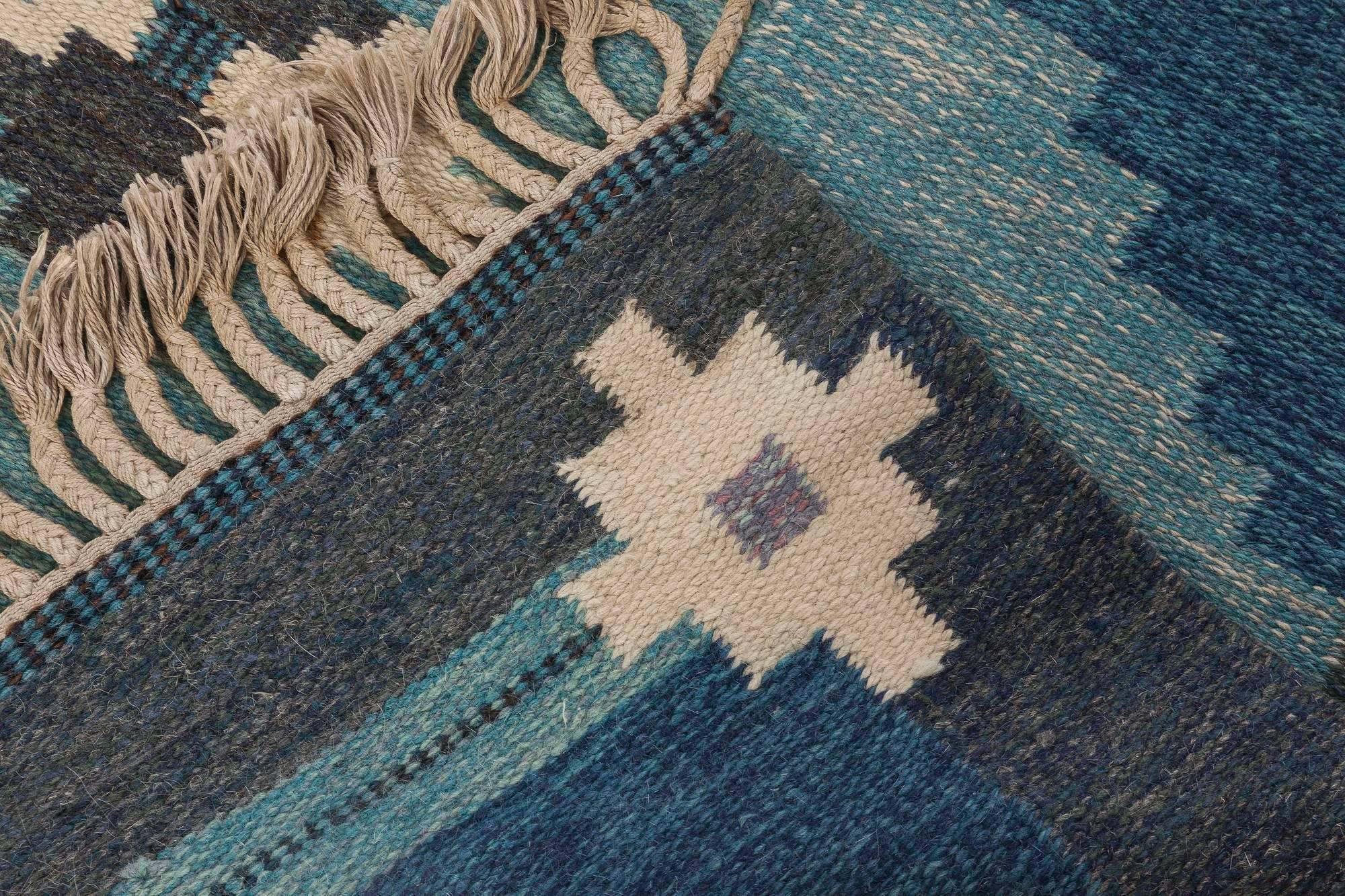 Wool Midcentury Swedish Blue Flat-weave Rug by Ingegerd Silow at Doris Leslie Blau
