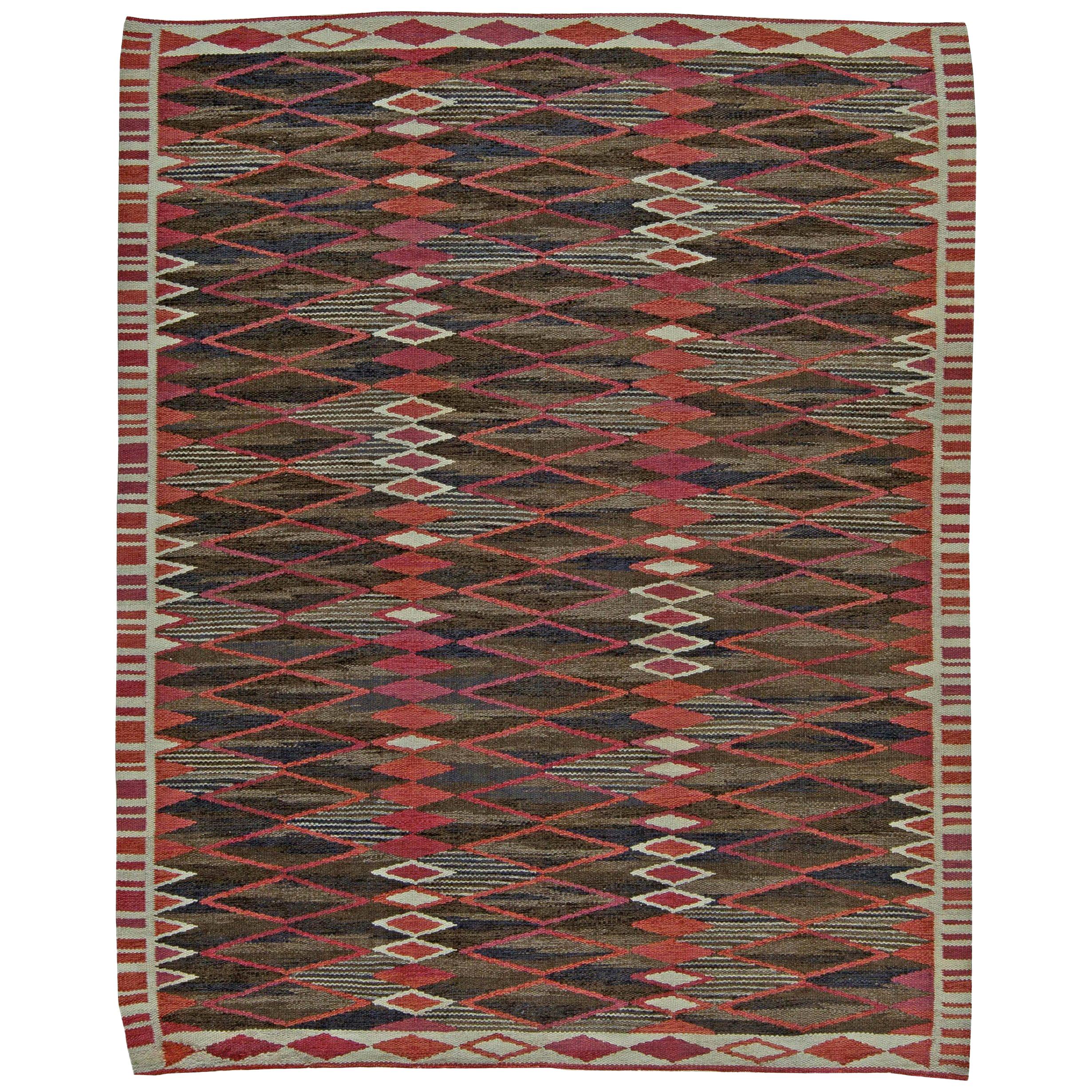 Mid-20th century Swedish Geometric Red, Brown, Blue, White Flat-Weave Wool Rug
