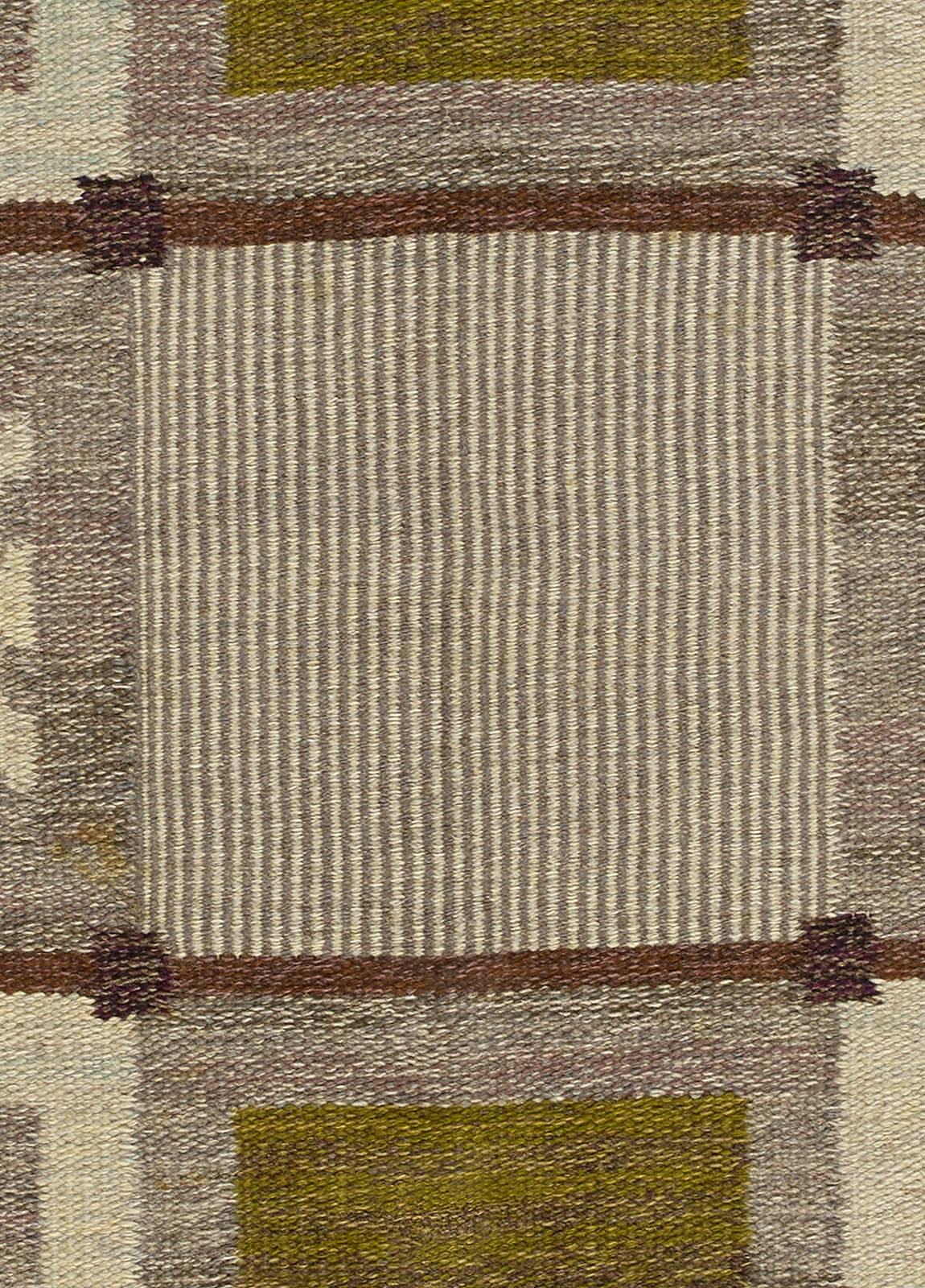 Mid-20th century Swedish geometric brown, gray, green flat-weave wool rug by Doris Leslie Blau
Size: 4'9