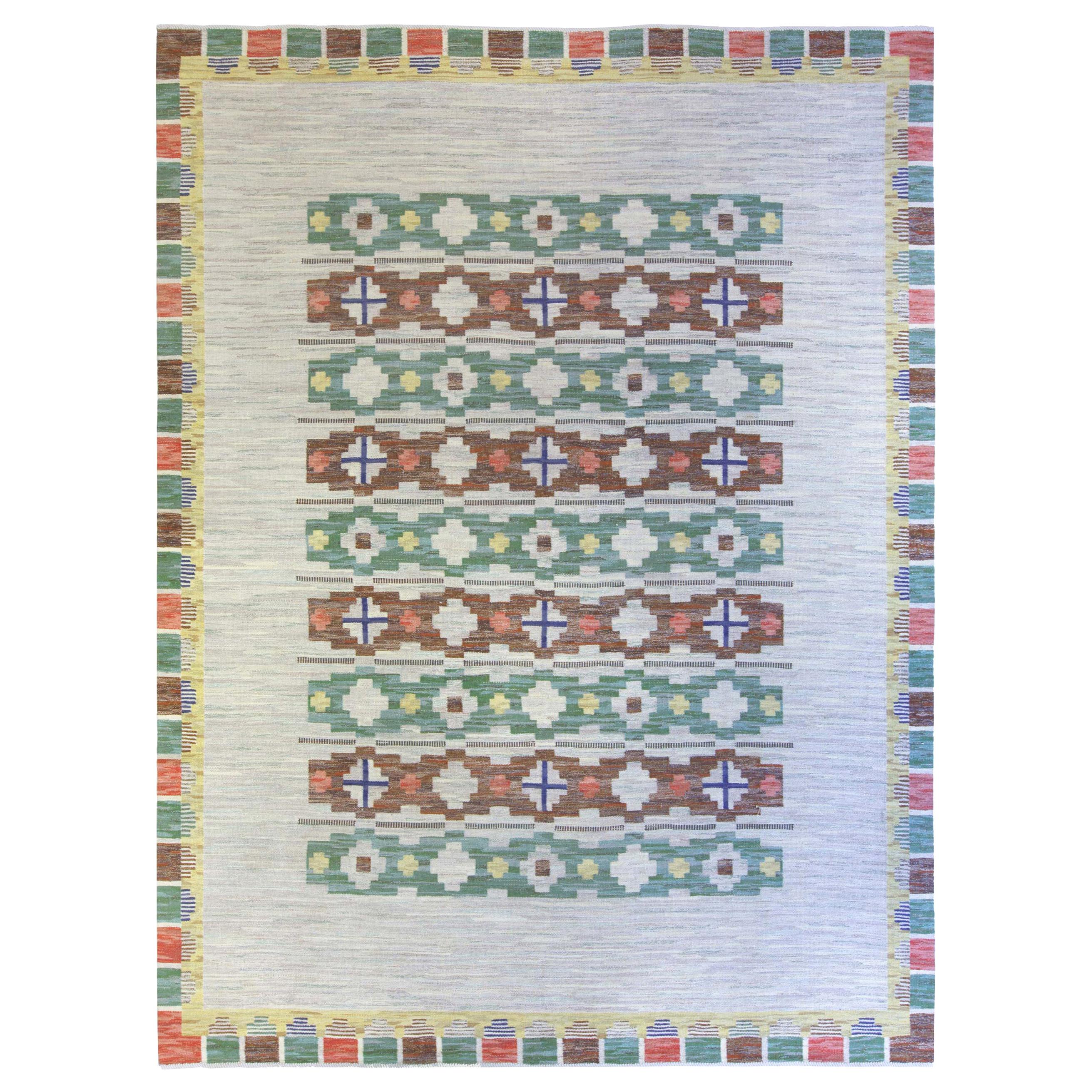 Flat Woven Geometric Scandinavian Kilim Rug by Ulla Brandt. Size 5' 5