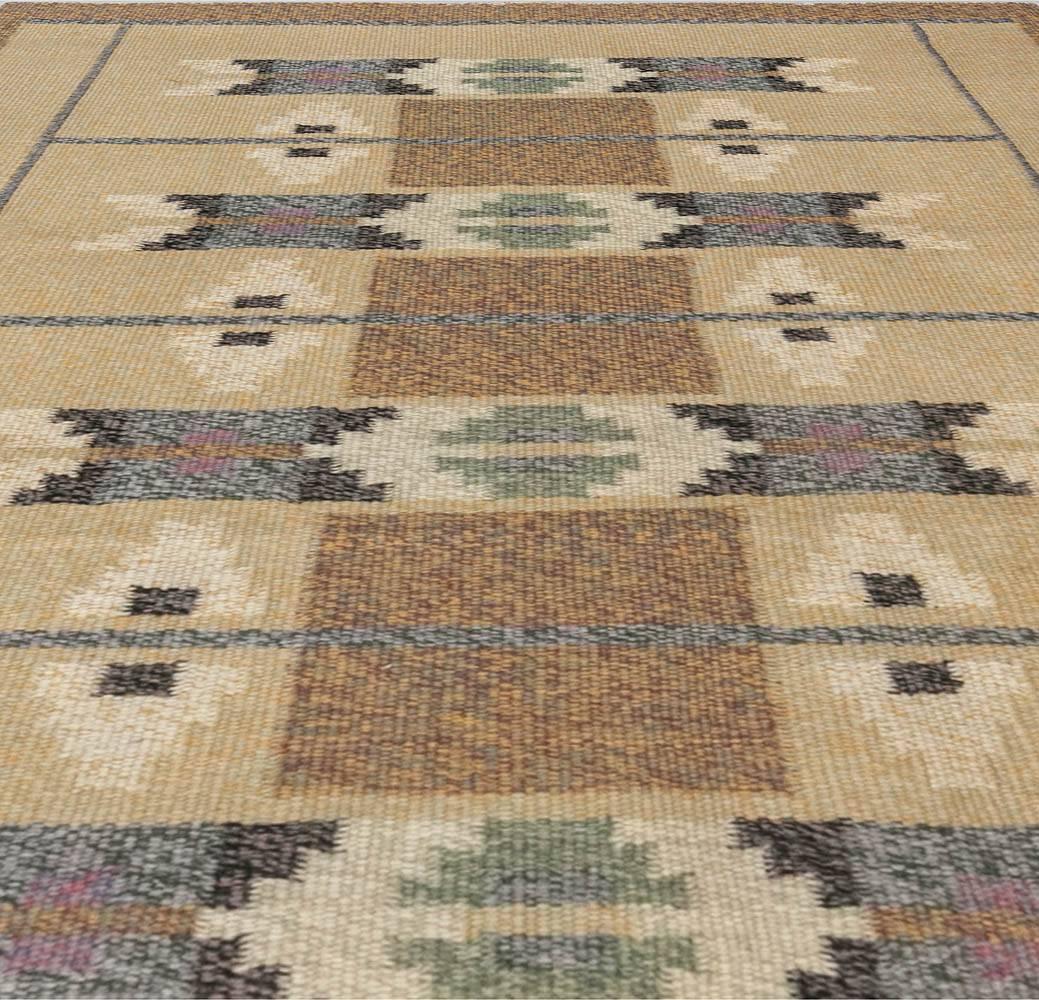 Mid-Century Modern Midcentury Swedish Geometric Flat-Woven Wool Rug in Beige, Gray and Brown