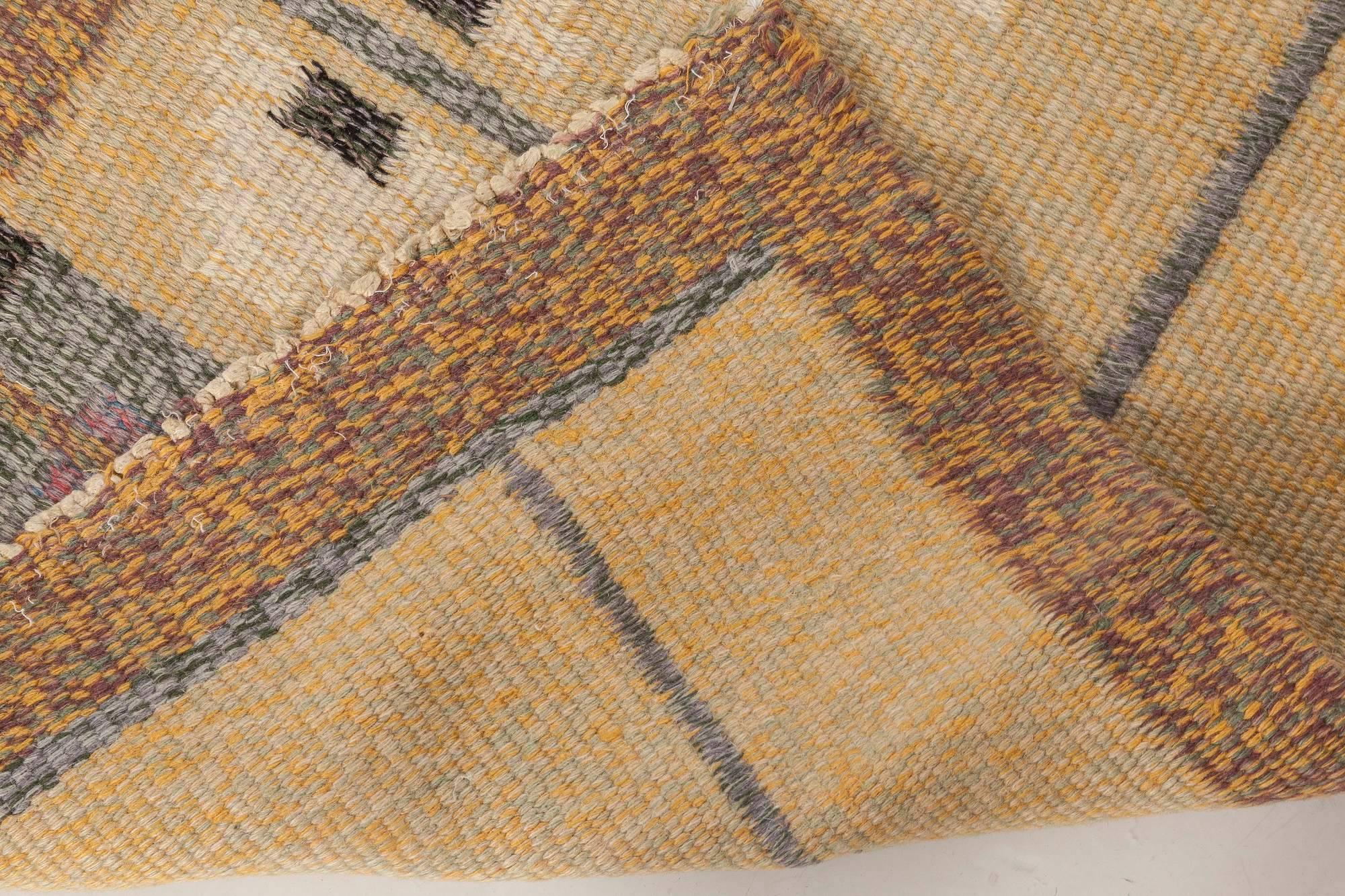 Midcentury Swedish Geometric Flat-Woven Wool Rug in Beige, Gray and Brown In Good Condition In New York, NY