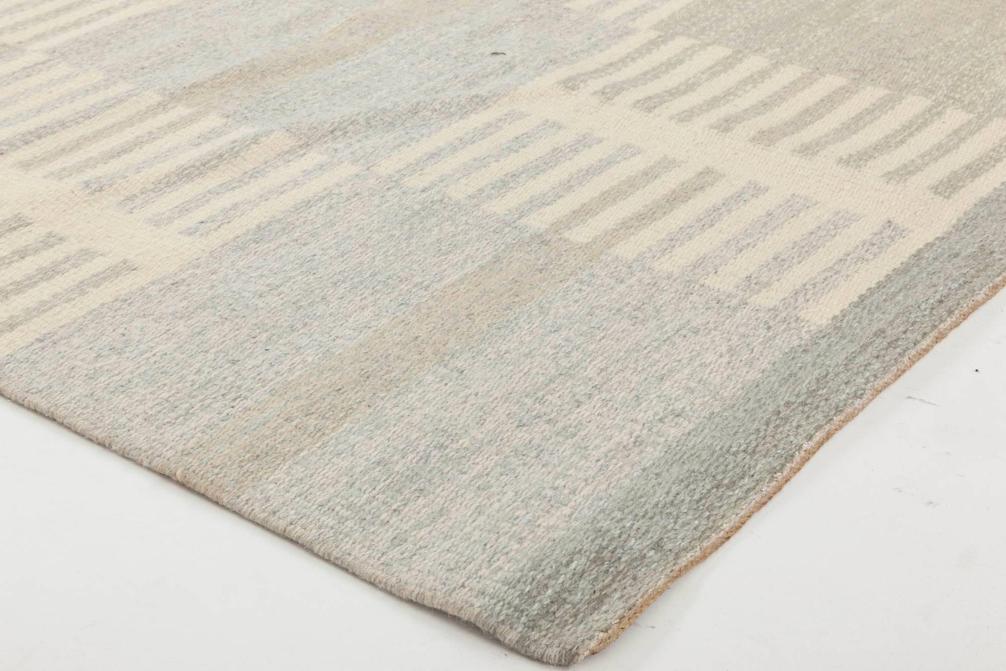 20th Century Midcentury Swedish Gray, Blue and Ivory Flat-Weave Wool Rug by Carl Malmsten