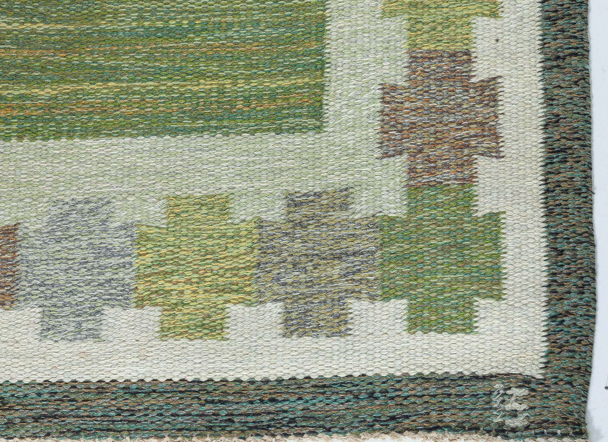 Midcentury Swedish green flat woven rug by Ingegerd Silow at Doris Leslie Blau
Size: 5'10