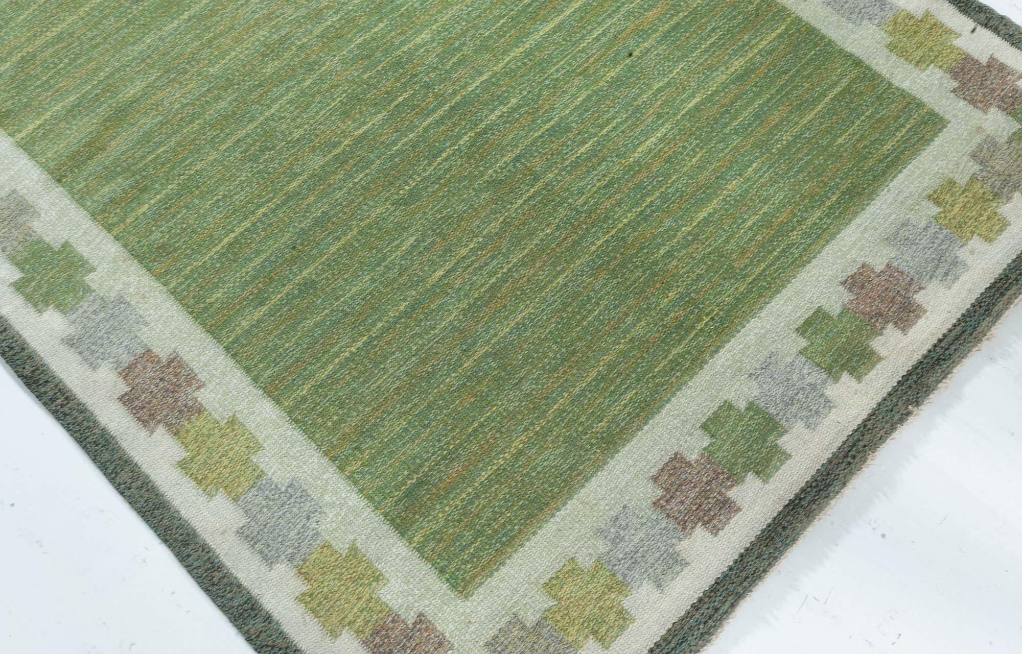 Midcentury Swedish Green Flat Woven Rug by Ingegerd Silow at Doris Leslie Blau In Good Condition In New York, NY