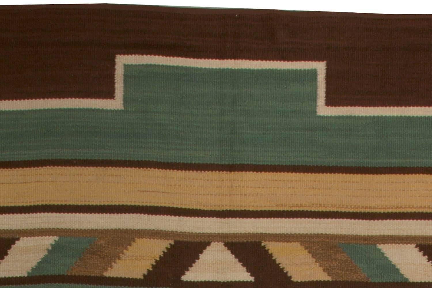 Midcentury Swedish Green Handmade Wool Rug In Good Condition For Sale In New York, NY