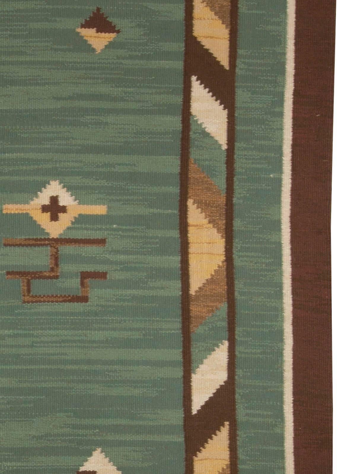 20th Century Midcentury Swedish Green Handmade Wool Rug For Sale