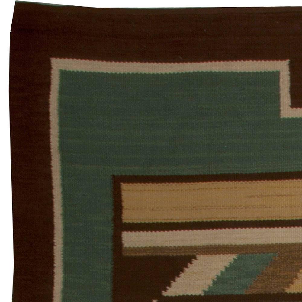 Midcentury Swedish Green Handmade Wool Rug For Sale 1