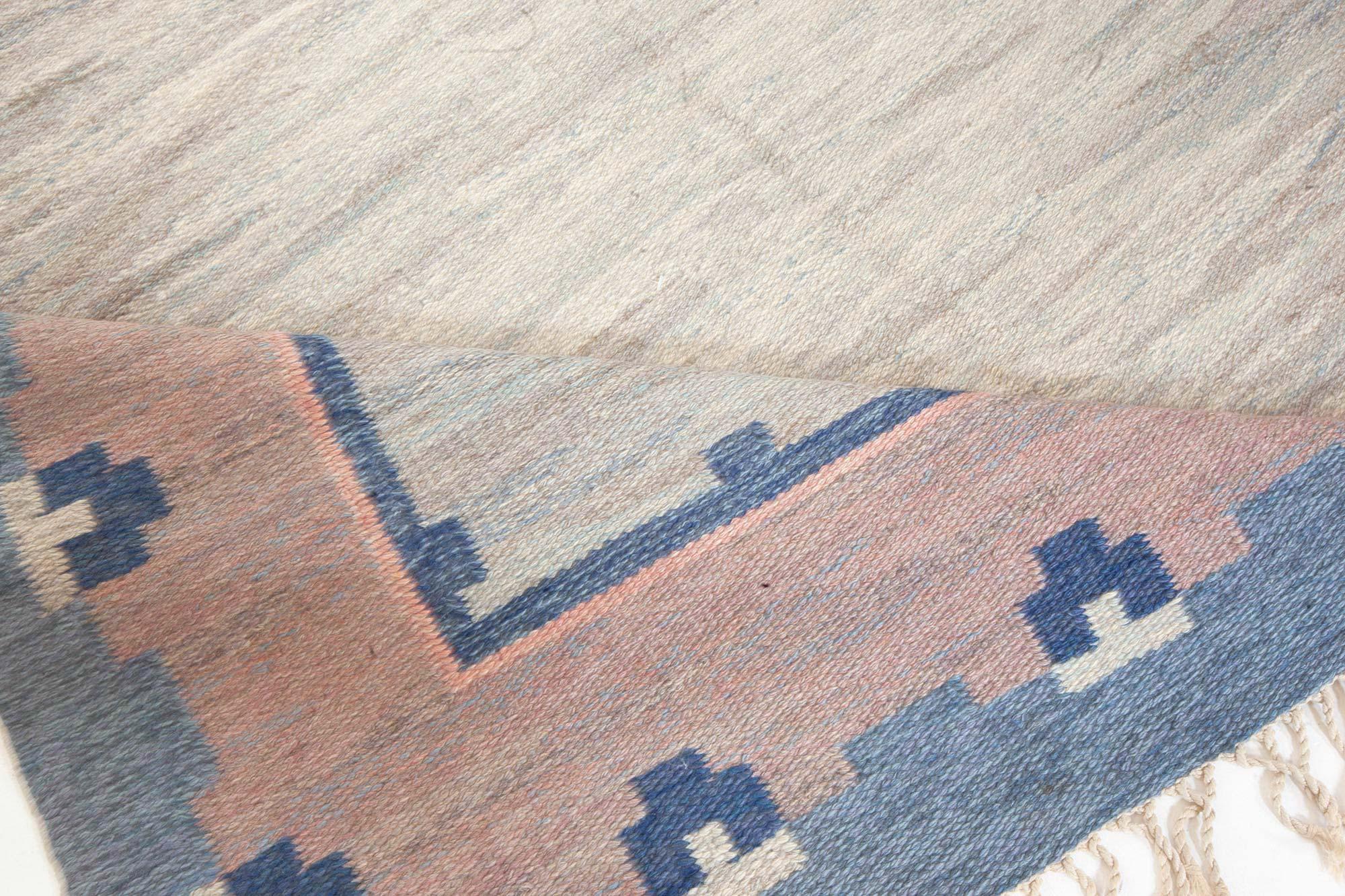 Midcentury Swedish light gray, blue and pink handwoven wool rug by 'ABJ'
Size: 5'3