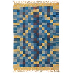 Midcentury Swedish Handmade Wool Rug by Marta Rinde Ramsback in Blue and Yellow