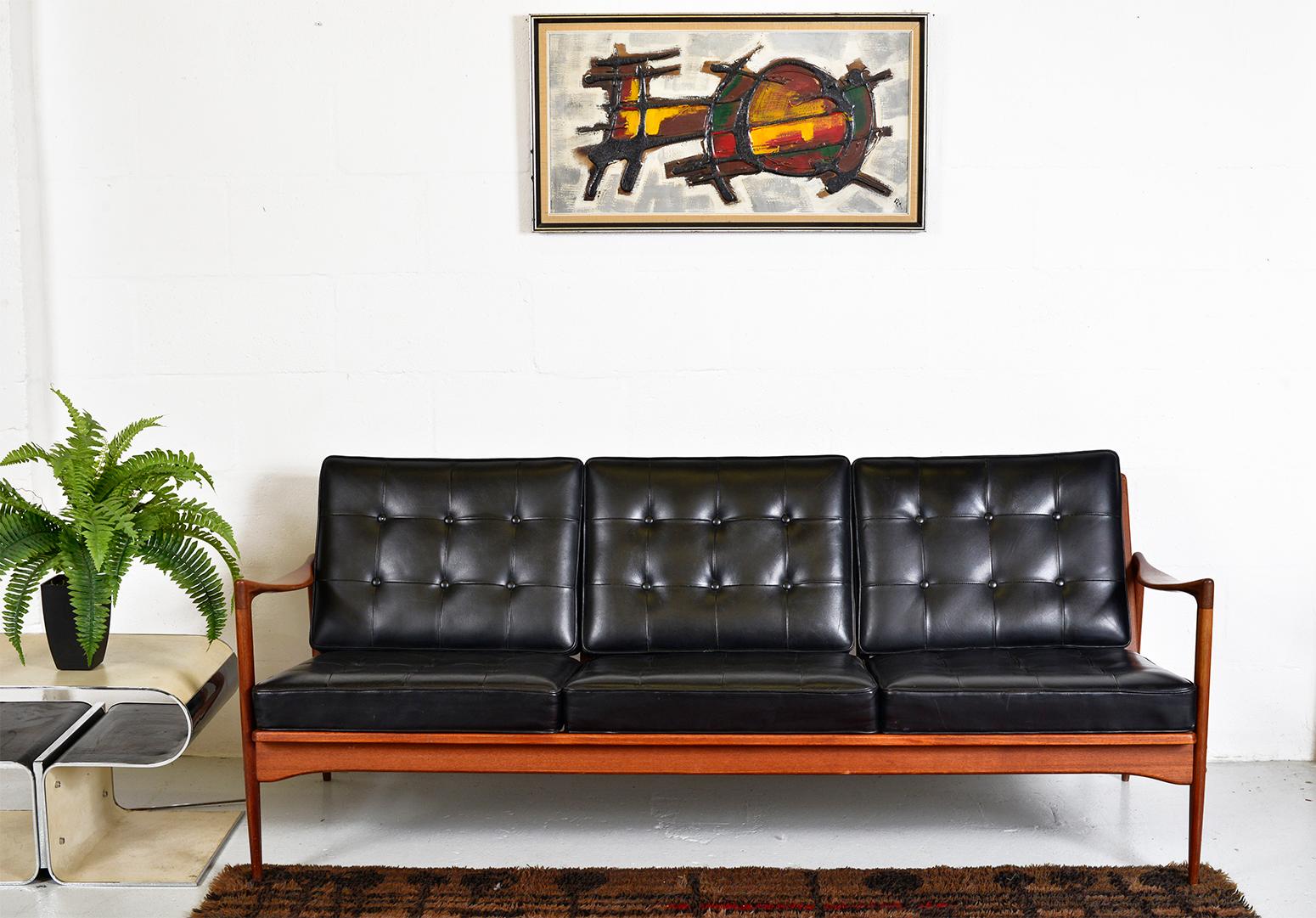 Midcentury Swedish Kandidaten Sofa Ib Kofod-Larsen OPE Mobler Teak Black Leather 13