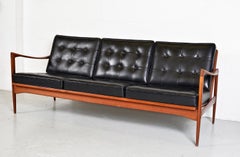Midcentury Swedish Kandidaten Sofa Ib Kofod-Larsen OPE Mobler Teak Black Leather