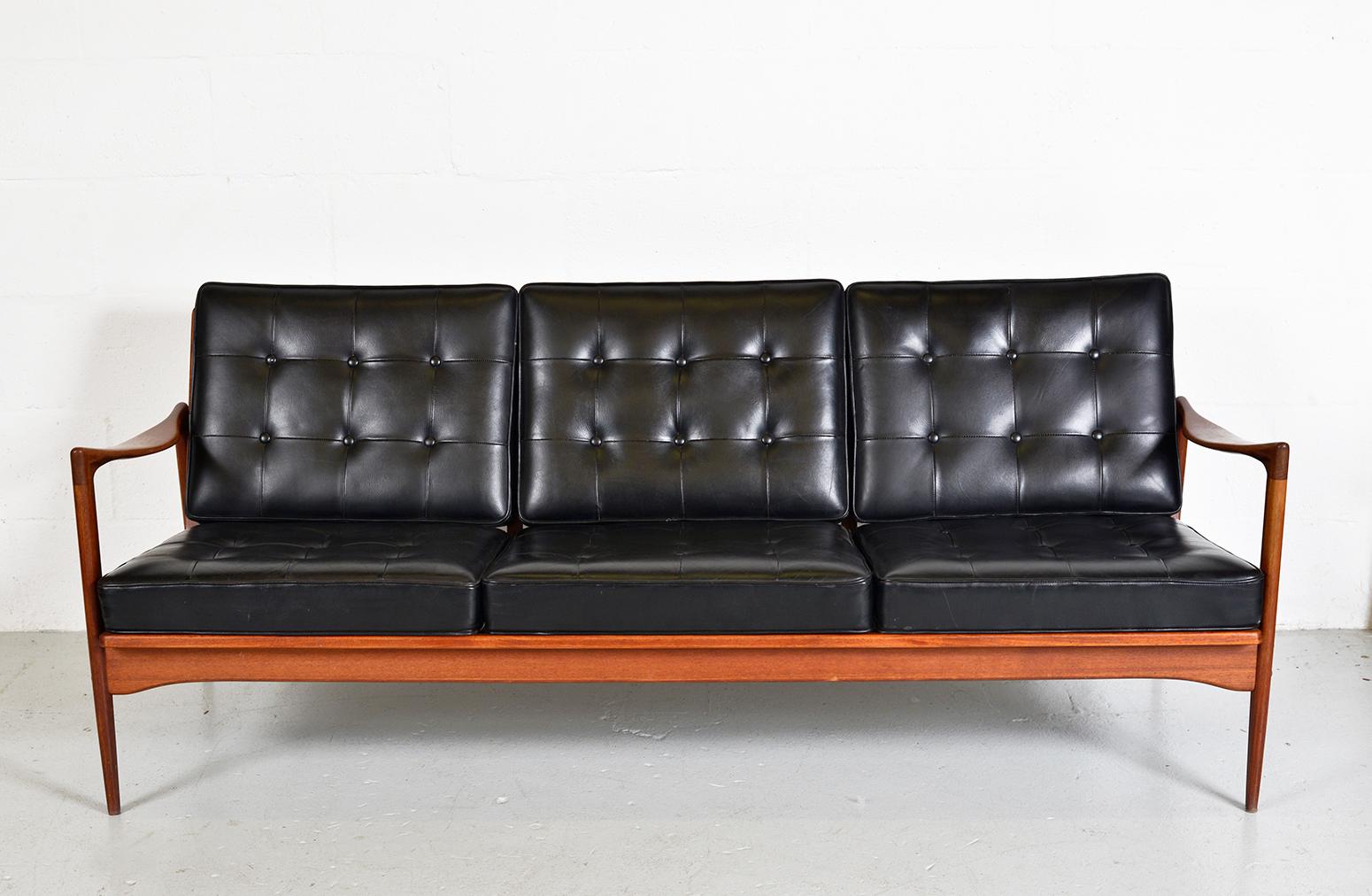 Scandinavian Modern Midcentury Swedish Kandidaten Sofa Ib Kofod-Larsen OPE Mobler Teak Black Leather