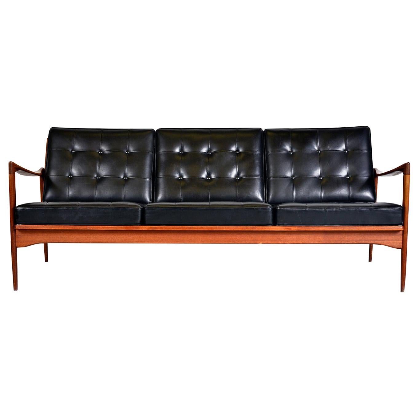 Midcentury Swedish Kandidaten Sofa Ib Kofod-Larsen OPE Mobler Teak Black Leather