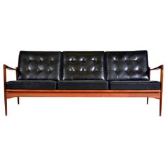 Midcentury Swedish Kandidaten Sofa Ib Kofod-Larsen OPE Mobler Teak Black Leather