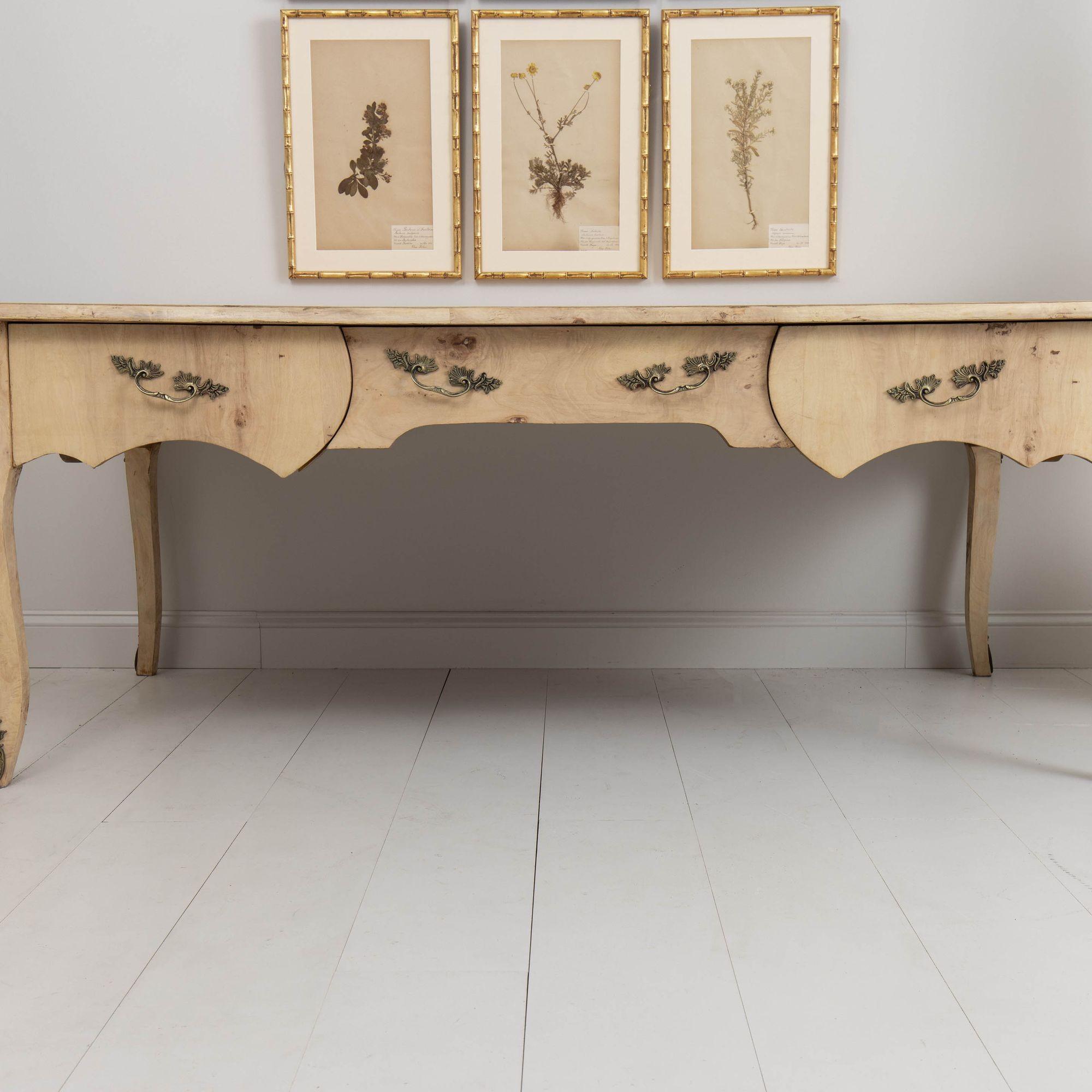 Brass Midcentury Swedish Louis XV Style Bleached Birch Bureau Plat with Mounts For Sale