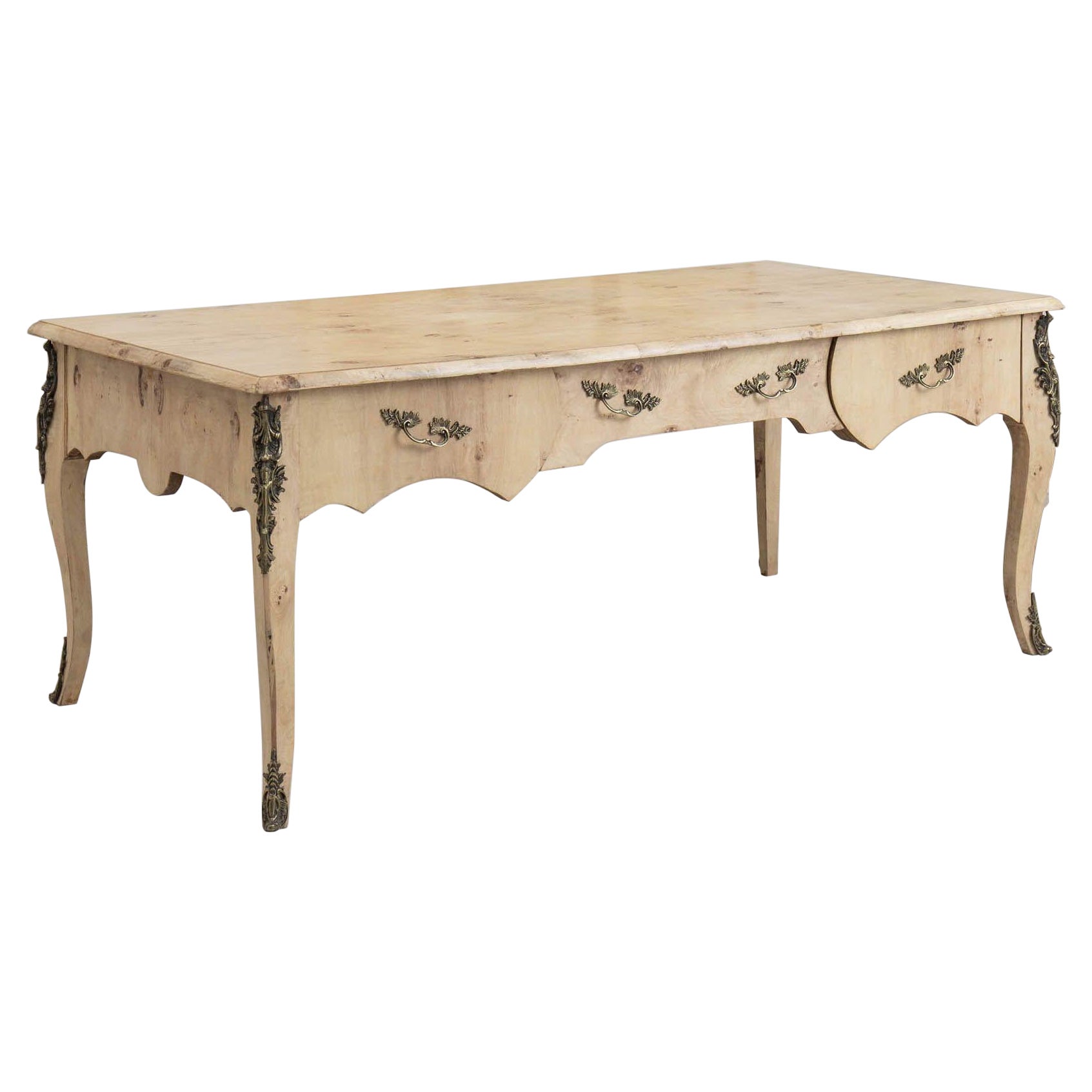 Midcentury Swedish Louis XV Style Bleached Birch Bureau Plat with Mounts
